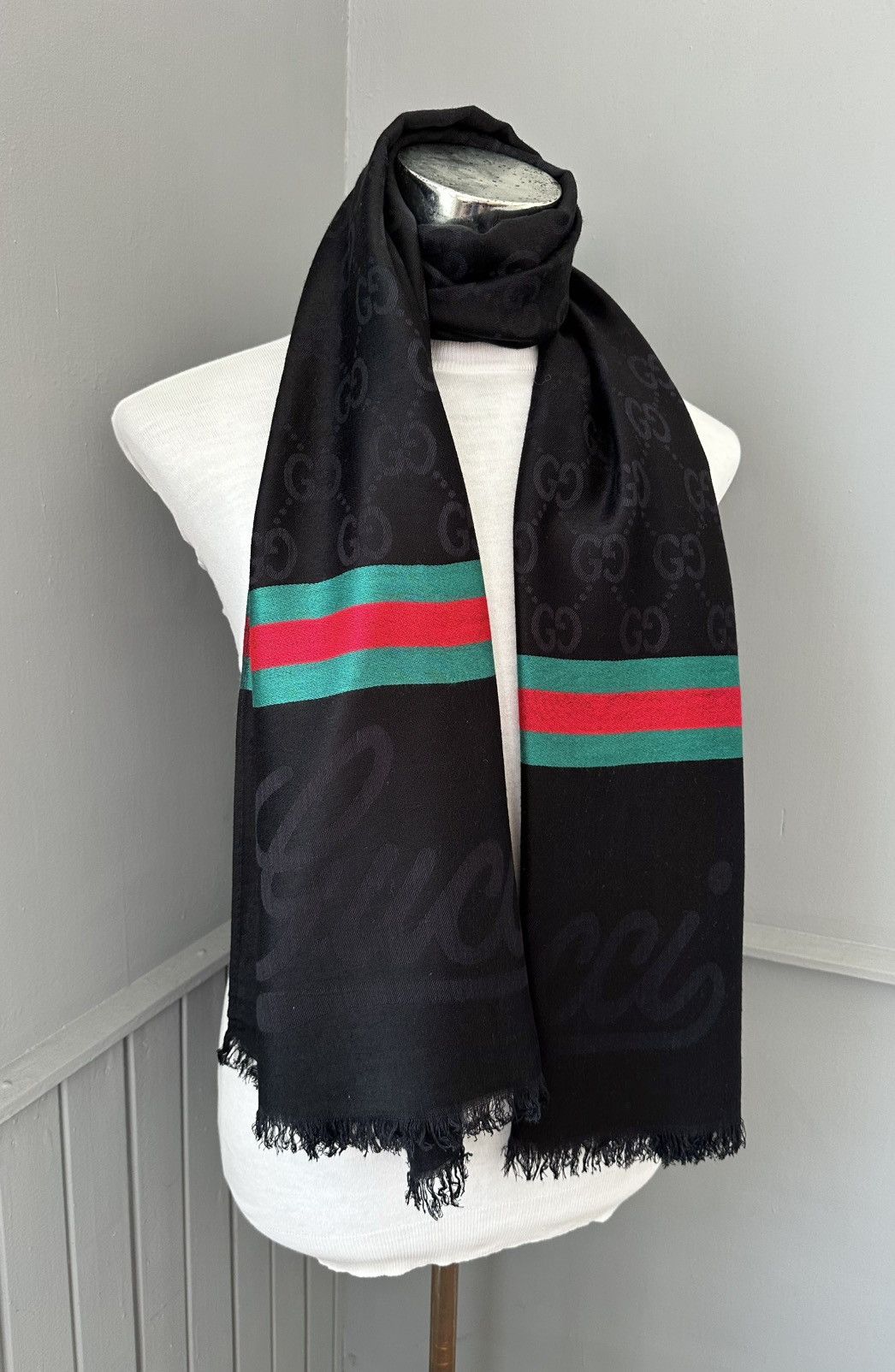 Gucci Gucci Cashmere Silk GG Jacquard Monogram Fringed Scarf Size ONE SIZE - 2 Thumbnail
