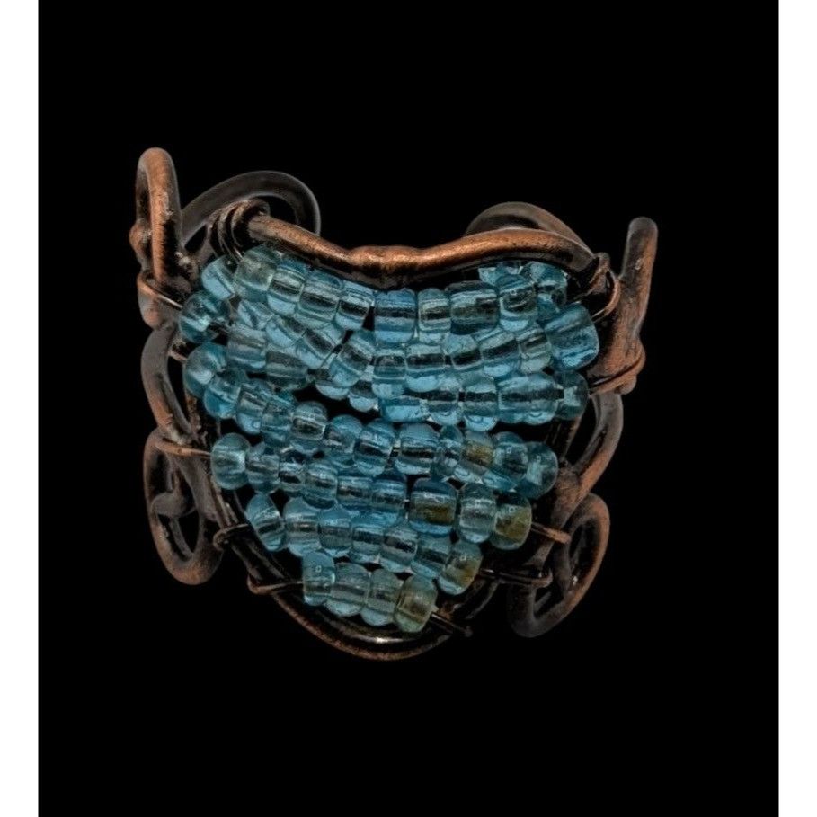 Handmade Handmade Copper Wire Wrapped Ring With Blue Glass Beads Adju Size ONE SIZE - 2 Thumbnail