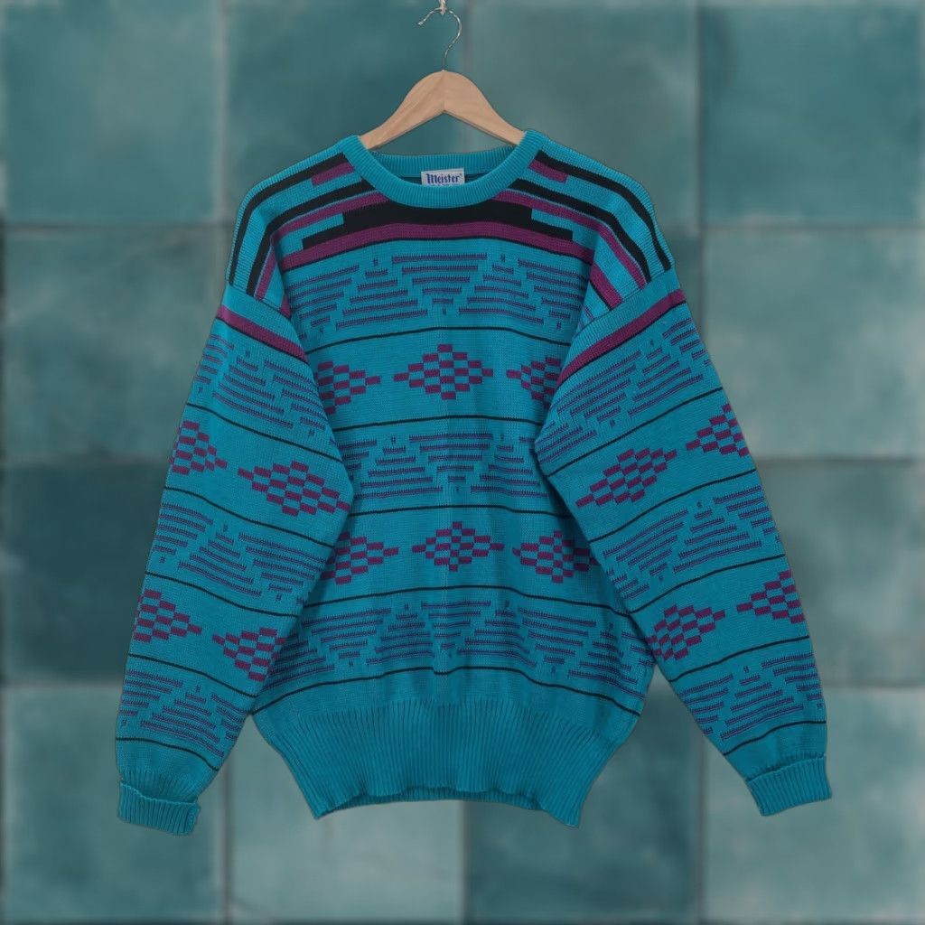 Vintage VINTAGE Meister Sweater Mens Large Teal Purple Geometric Wool Blend 90s Retro Crew Neck Knit Pullover Size US L / EU 52-54 / 3 - 1 Thumbnail