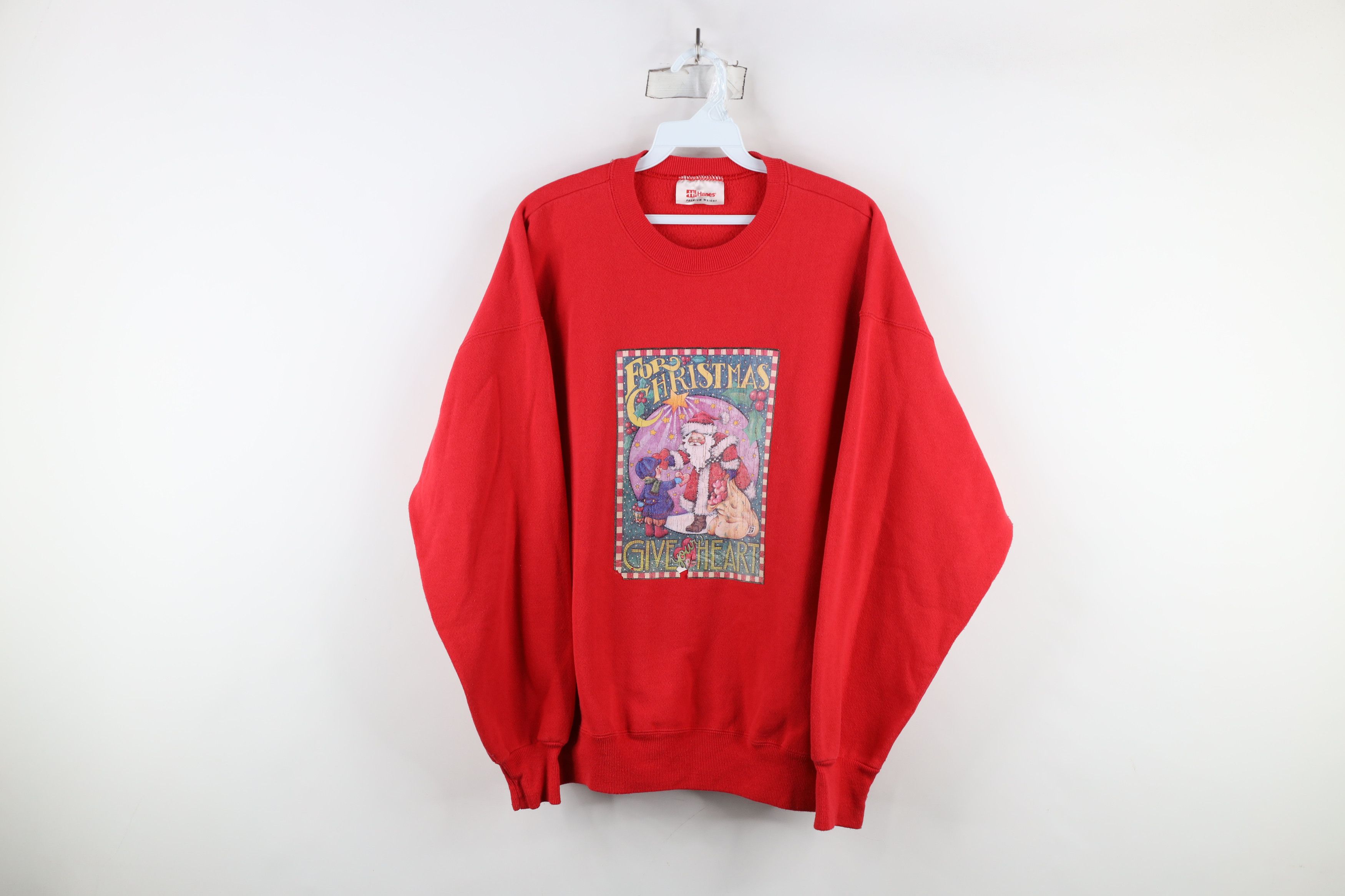 Vintage Vintage 90s Christmas Give Your Heart Santa Sweatshirt Red Size XXL / US 16-18 / IT 52-54 - 1 Thumbnail