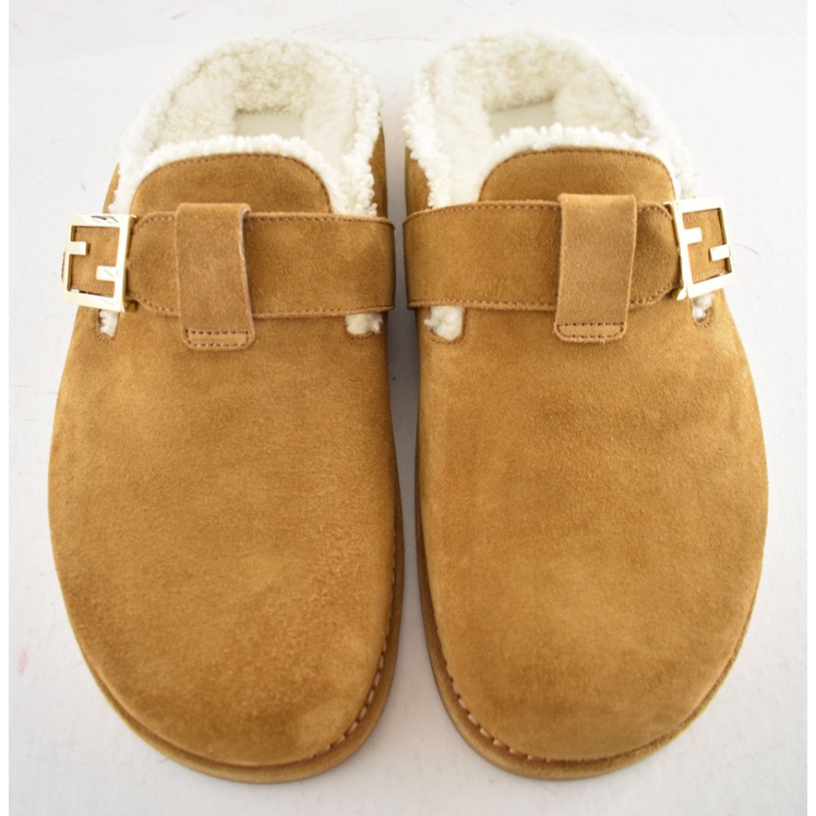 Fendi Fendi Feel Mules Caramel Brown Suede Shearling FF Gold Logo Size US 9.5 / IT 39.5 - 6 Thumbnail