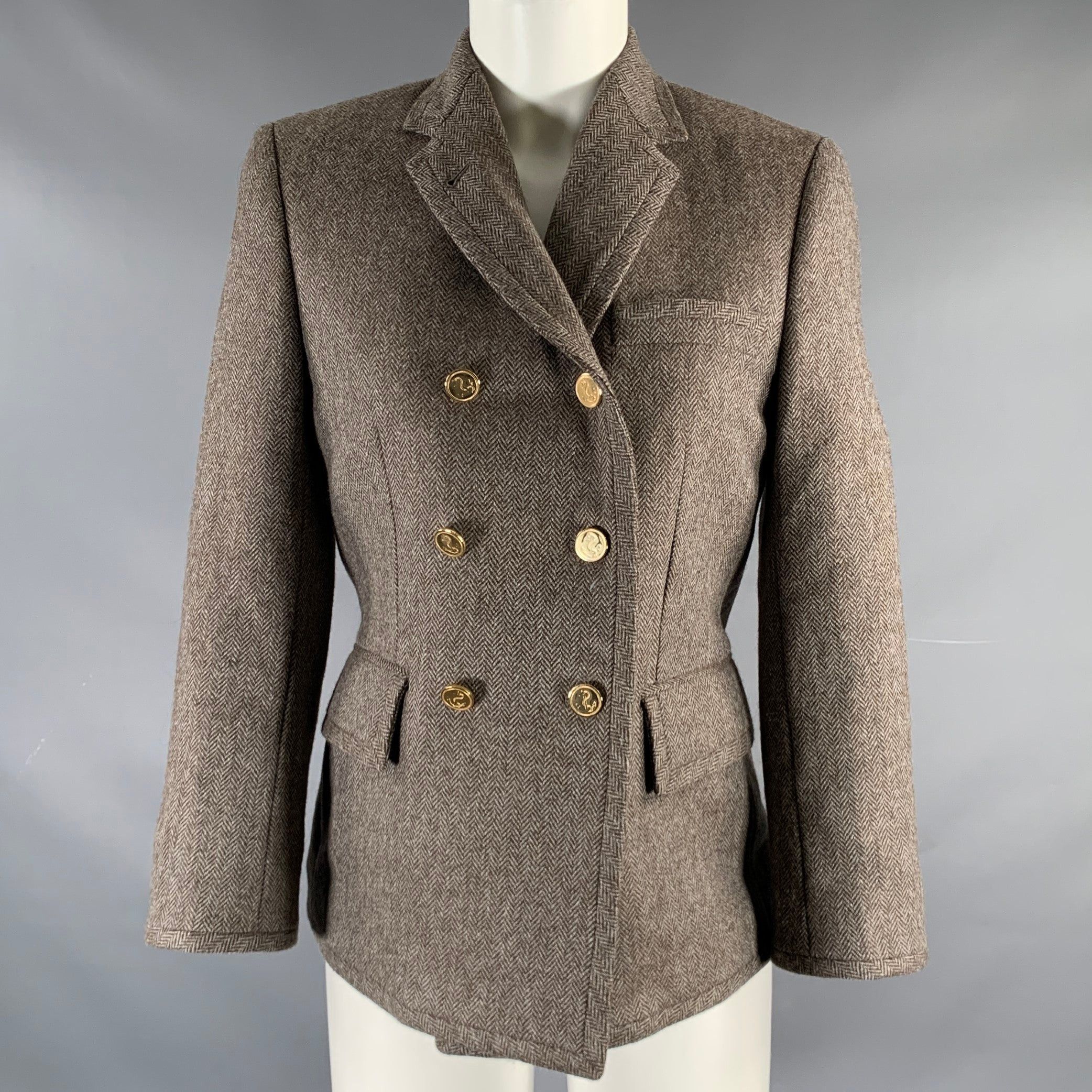 image of Thom Browne Brown Olive Wool Herringbone Double Breasted Jacket, Women's (Size XS)