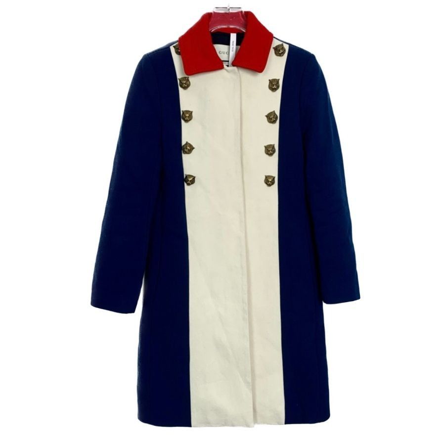 Gucci Gucci Red Collar Wool Coat With Tiger Head Buttons Blue & Cr Size S / US 4 / IT 40 - 1 Thumbnail