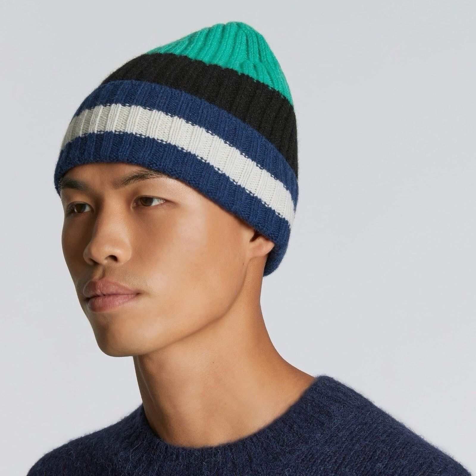 Everlane NWT EVERLANE Beanie Hat Cashmere Wool Striped Green Blue OS Size ONE SIZE - 1 Thumbnail