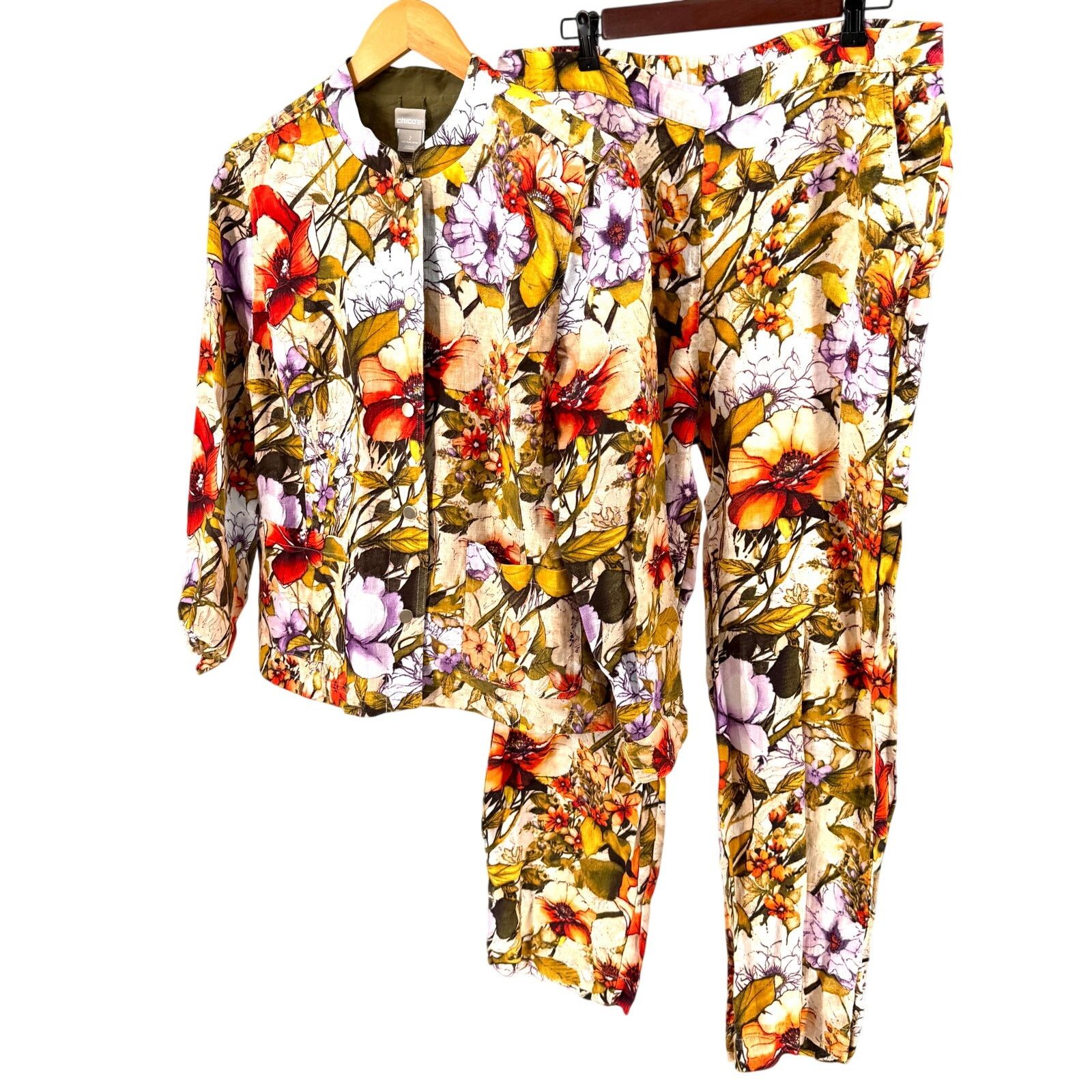 Chicos Reversible Red Floral Linen Jacket and Pants Set Size 34" / US 12 / IT 48 - 8 Thumbnail