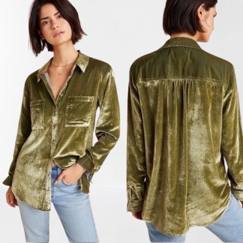 Anthropologie Anthropologie Maeve Karina Green Velvet Button Down Long Sle Size M / US 6-8 / IT 42-44 - 1 Thumbnail