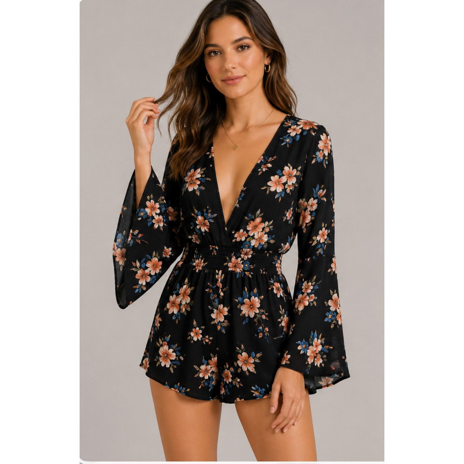 Other NWT Sadie & Sage Black Floral Long Sleeve Deep-V Romper S Size 26" / US 2 / IT 38 - 3 Thumbnail