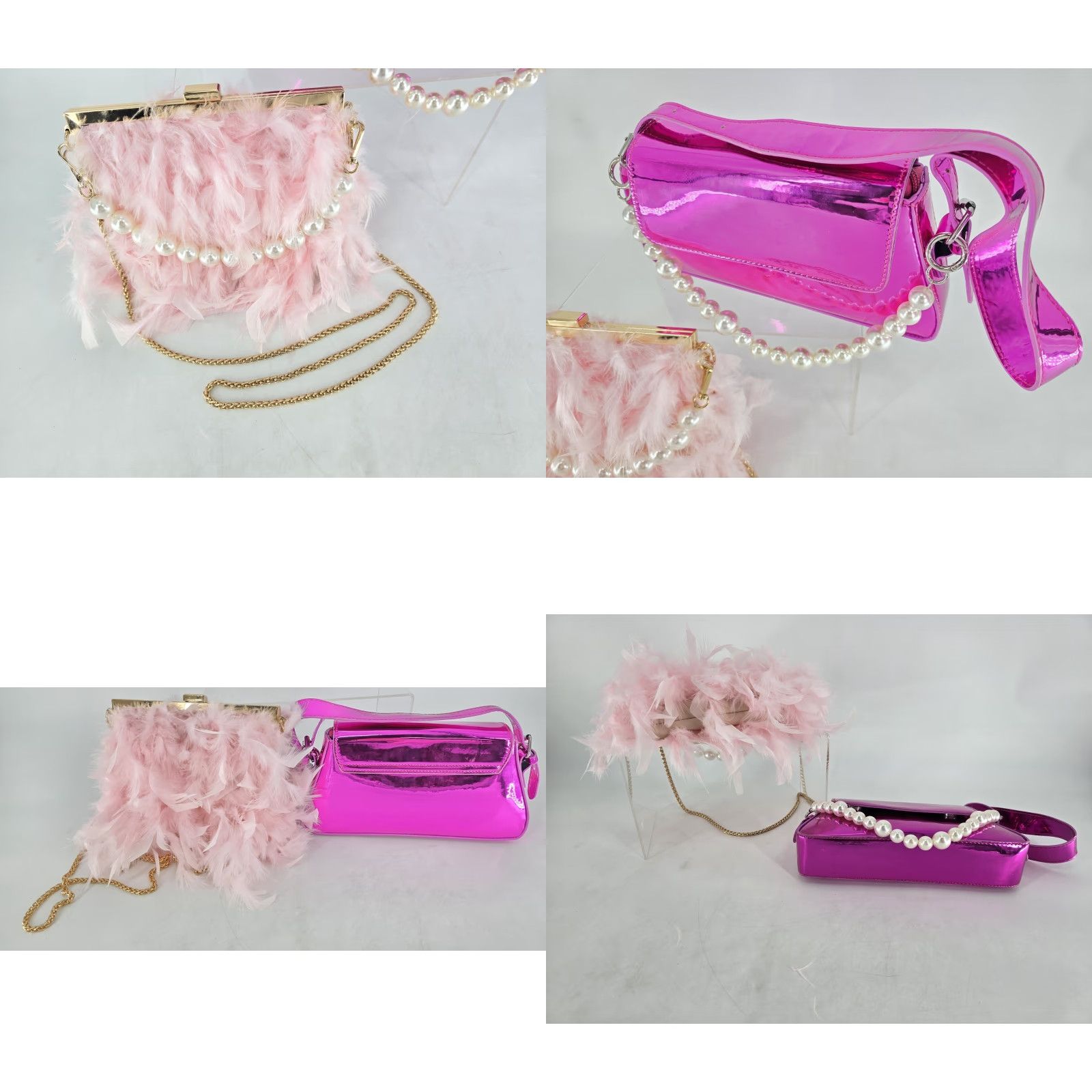 2 lot Feather Clutches Purses Women Bag Pearl Fluffy Evening Handbags Hot Pink
