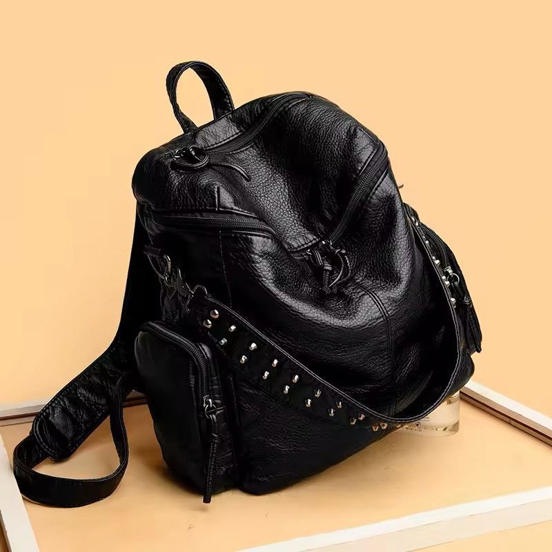 Japanese Brand Gothic Punk Soft PU Leather Black Backpack Size ONE SIZE - 2 Thumbnail