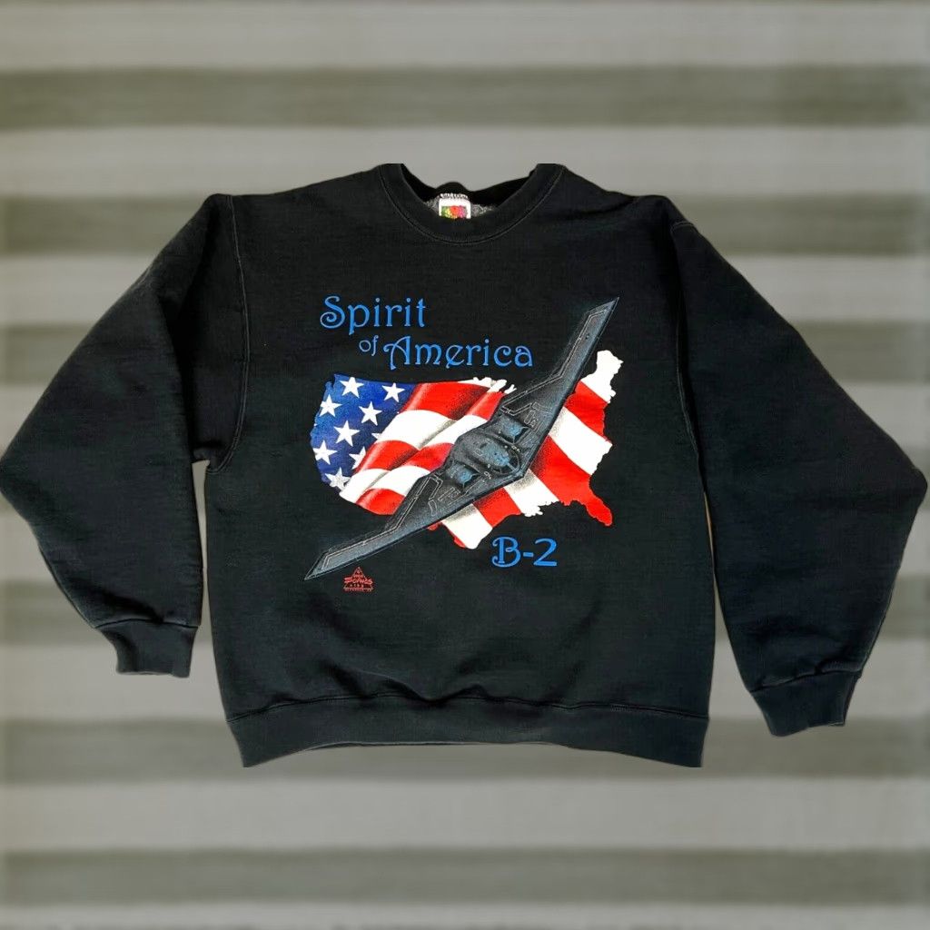 Fruit Of The Loom Men's Vintage Spirit of America B-2 Bomber Crewneck Sweatshirt Sz M Sweatshirt Black Cotton Blend Fleece Graphic Print Military 90s Mens Size US M / EU 48-50 / 2 - 1 Thumbnail