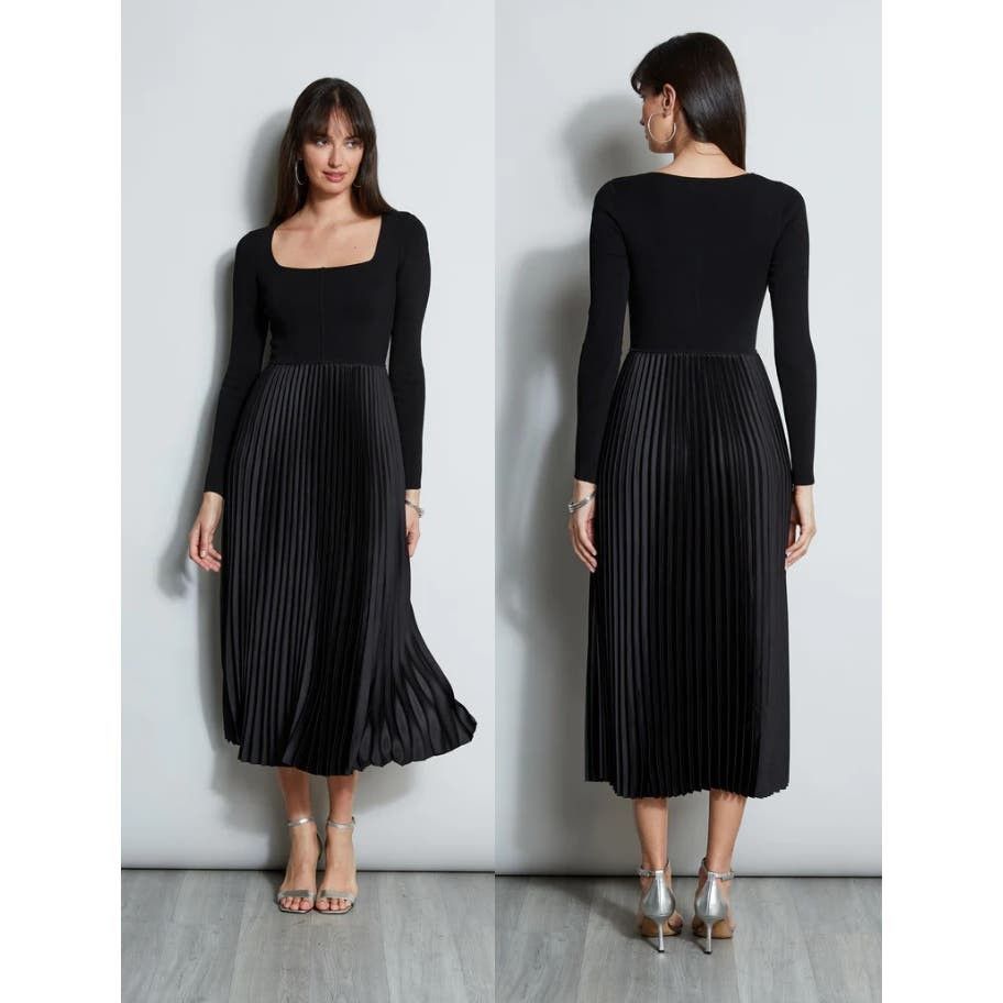 image of Elie Tahari Square Neck Pleated Midi Dress Noir Small in Black, Women's