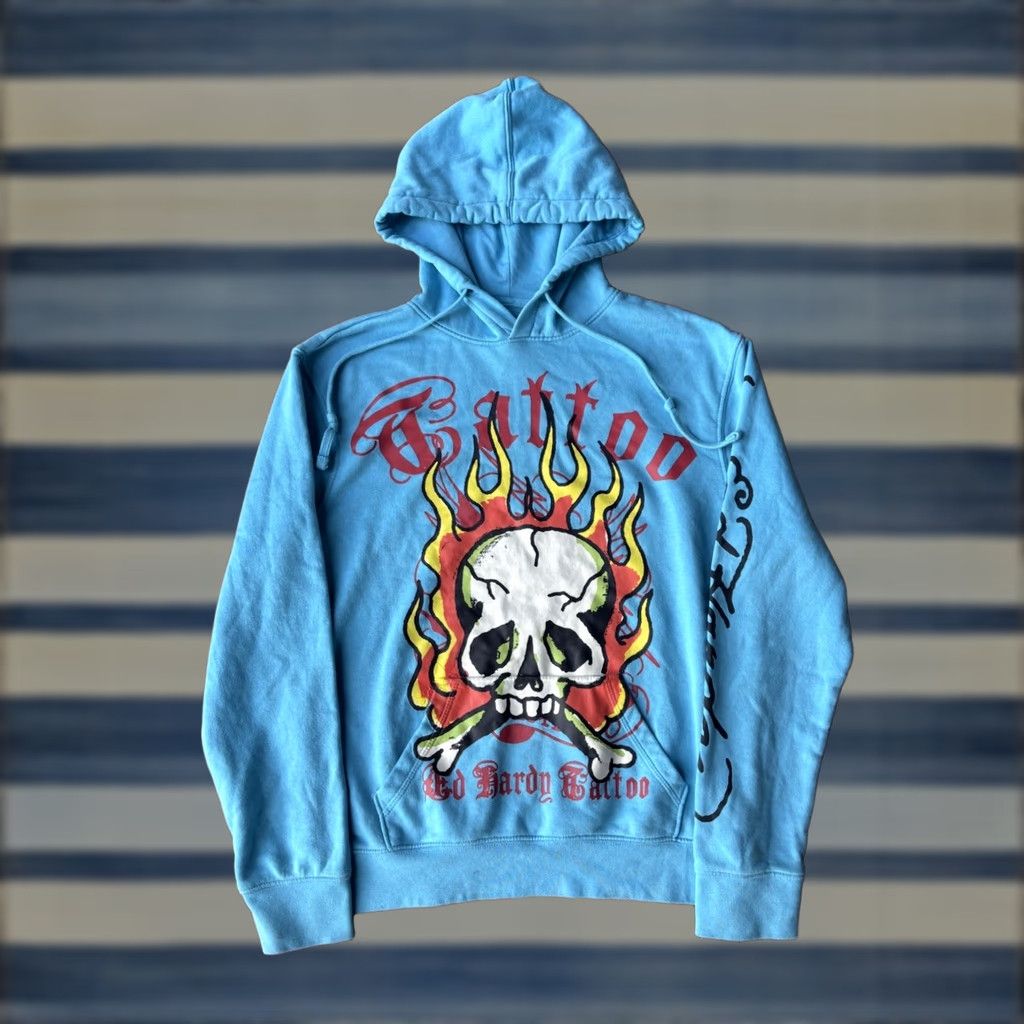 Ed Hardy Y2K Ed Hardy Flame Skull Tattoo Hoodie Sweatshirt Small Mens Blue Smooth Graphic Print Hooded Pullover Crew Neck Skull Pattern Size US S / EU 44-46 / 1 - 1 Thumbnail