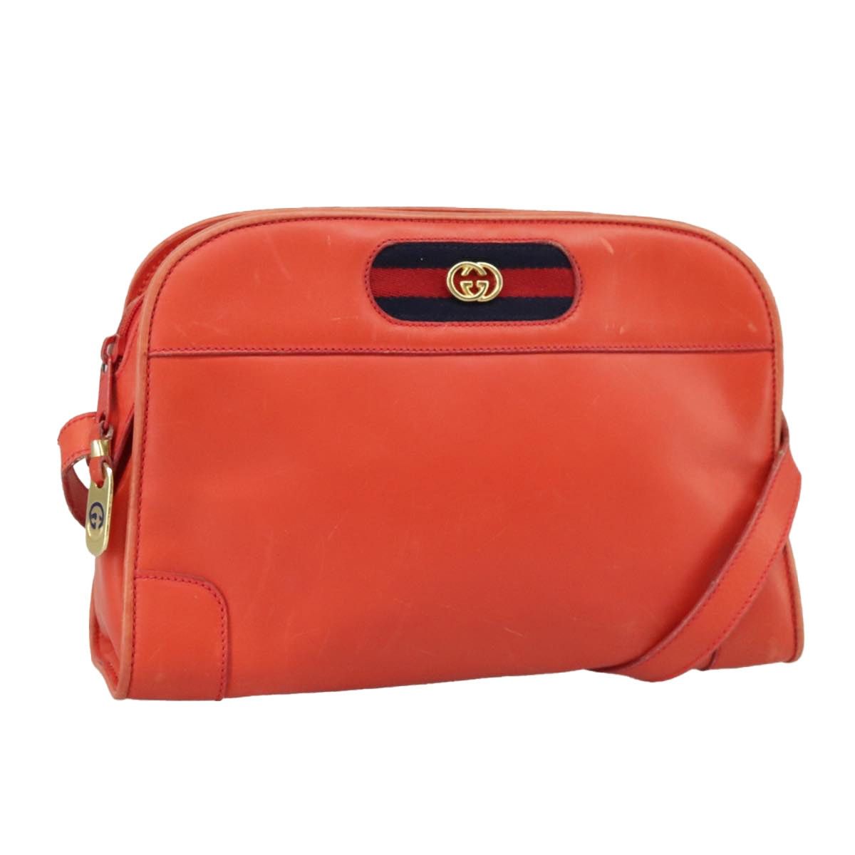 Gucci Sherry Line Shoulder Bag Leather Orange Navy Red, Women's