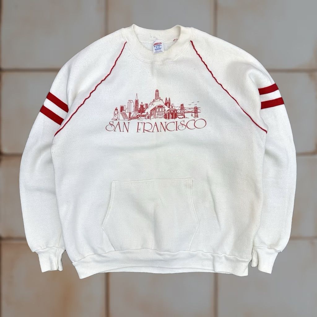 Jerzees VINTAGE Jerzees By Russell Crewneck Sweatshirt White Red XL Men Size US XL / EU 56 / 4 - 1 Thumbnail