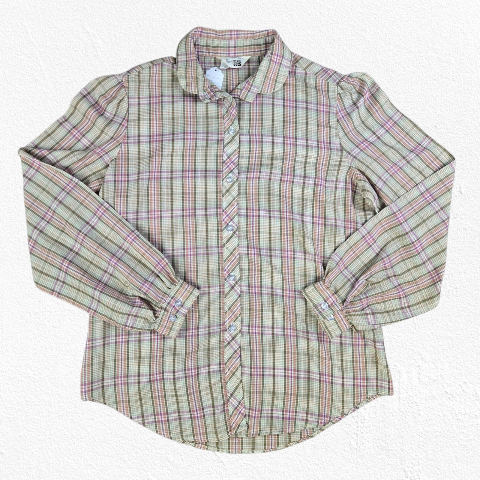 Vintage 1970s Cream Plaid Puff Sleeve Blouse Prairie Top Size 12 Size XL / US 12-14 / IT 48-50 - 2 Thumbnail