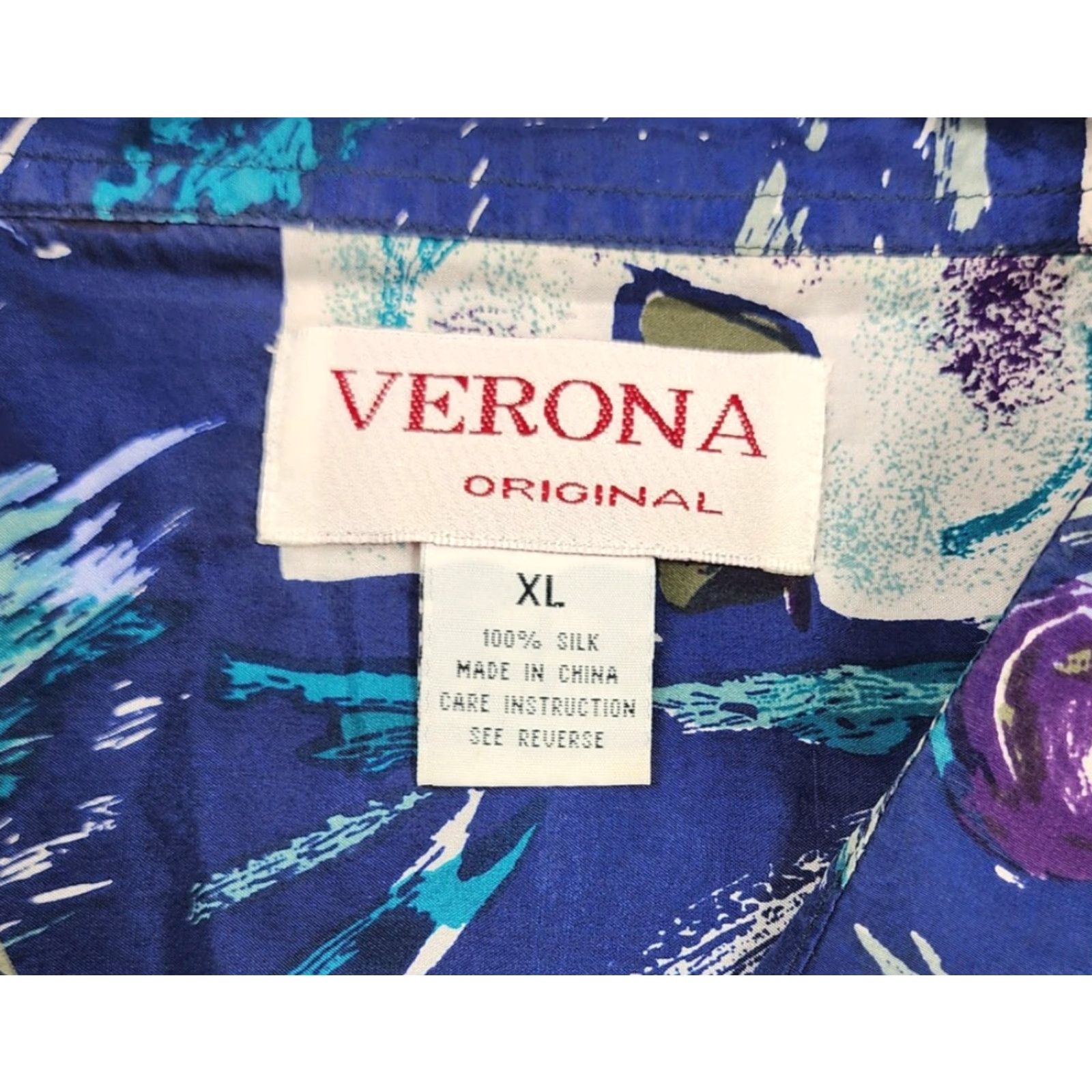 Merona VINTAGE Verona Original Shirt Mens XL Blue 100% Silk Short Sleeve Button Up Abstract Graphic Print 90s Beach California Hawaiian Size US XL / EU 56 / 4 - 5 Thumbnail