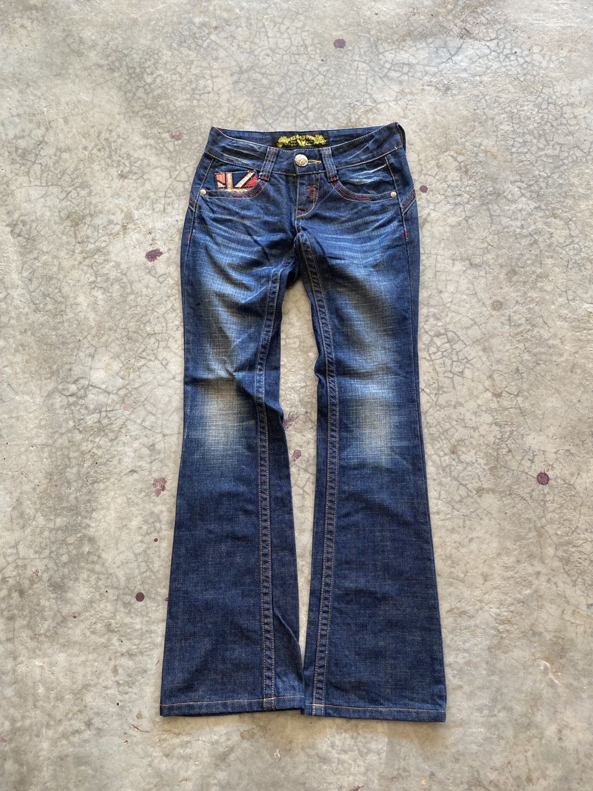 Japanese Brand Flare Jeans Red Pepper Faded Stretch Low Rise Boot Cut 6🟦8 Size US 28 / EU 44 - 2 Thumbnail