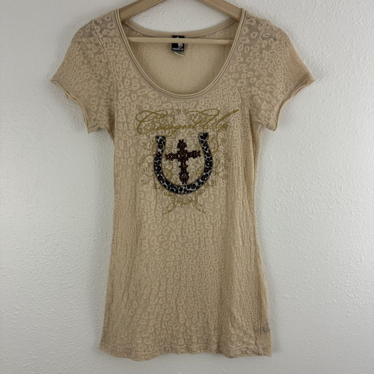 Other COWGIRL UP Vintage Y2K Beige Cheetah Semi Sheer Graphic Tee Size L / US 10 / IT 46 - 1 Thumbnail