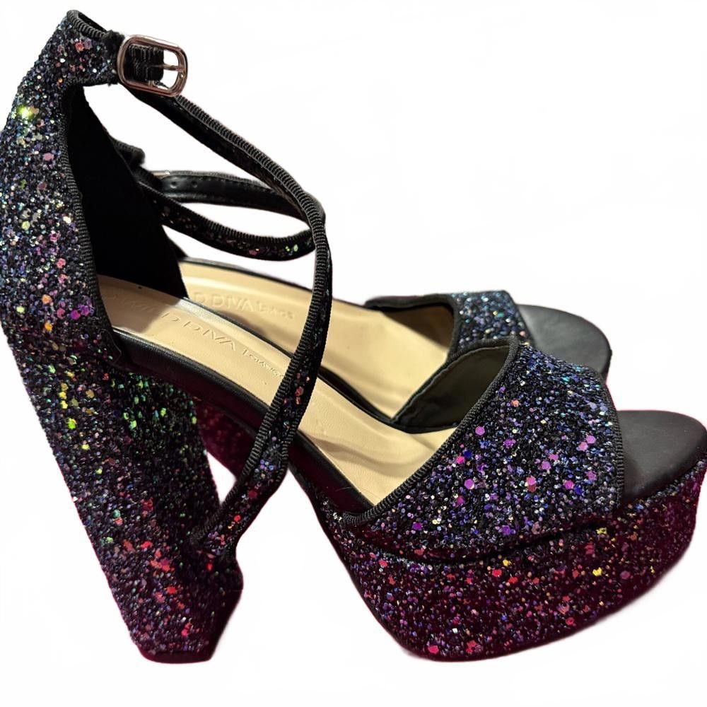 Designer Wild Diva Glitter Platform Heels - Sparkly Stiletto Sandals Size US 8.5 / IT 38.5 - 2 Thumbnail