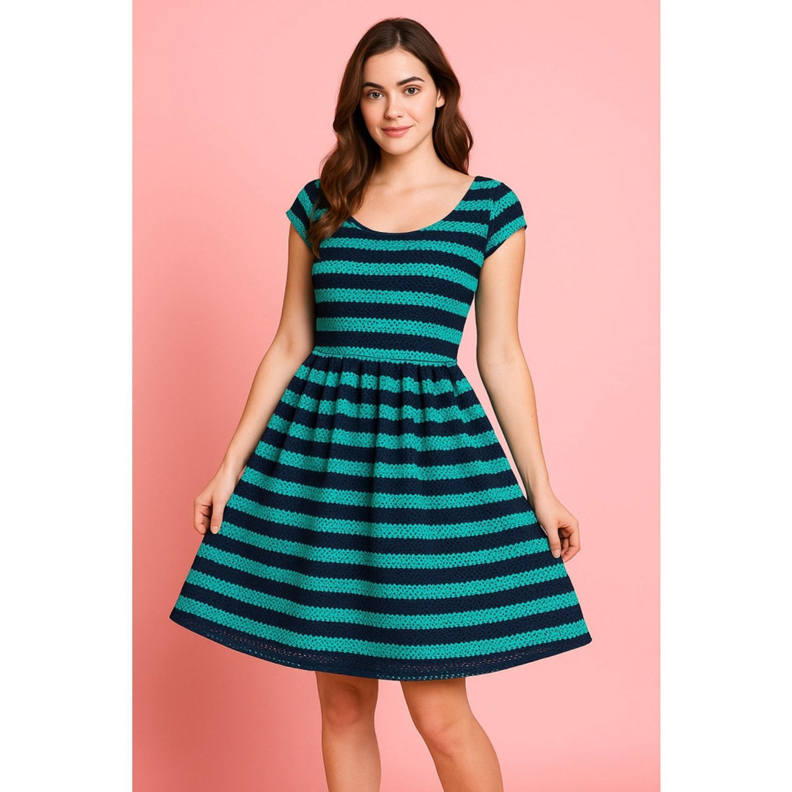 Other Retro Fit & Flare Striped Crochet Overlay Dress Teal Navy Size M / US 6-8 / IT 42-44 - 1 Thumbnail