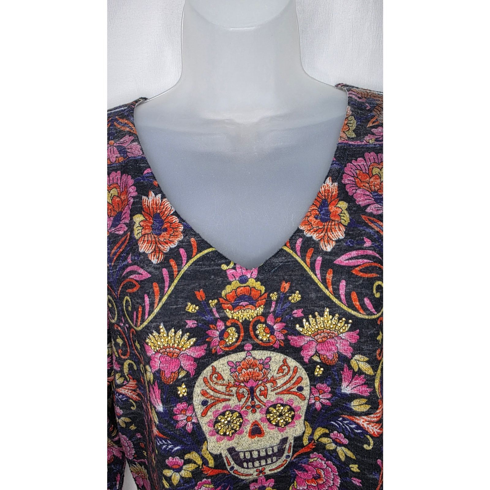 Other Women's Sugar Skull Floral Gold Rhinestone Tunic Top M Size M / US 6-8 / IT 42-44 - 4 Thumbnail