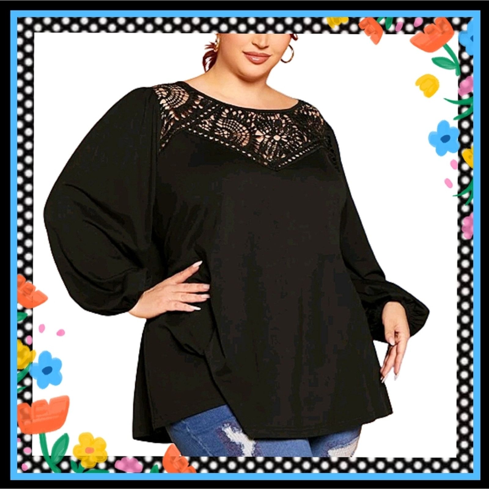 Shein CROCHET YOKE ☆ BLACK ☆ LANTERN SLEEVE TOP ☆ 22w ☆ NWT Size 3XL / US 20-22 - 1 Thumbnail