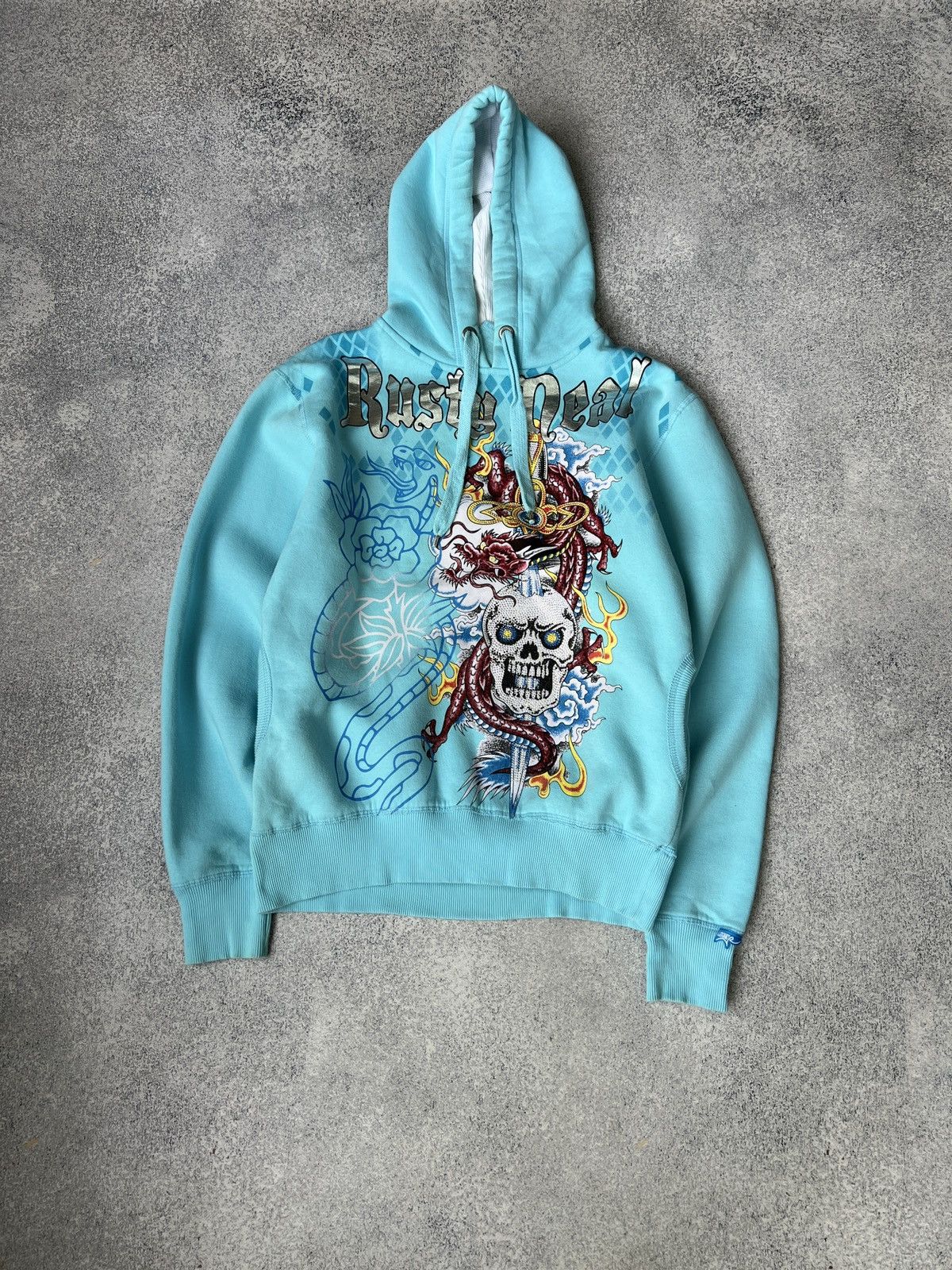image of Vintage Ed Hardy Style Rusty Neal Y2K Hoodie in Blue, Men's (Size Large)
