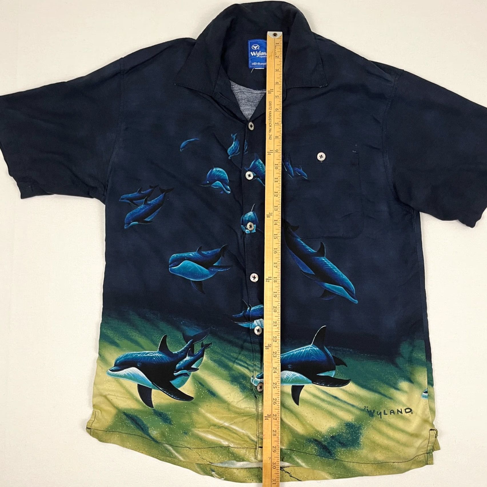 Vintage VINTAGE AFTCO Shirt Men L / XL Bluewater Wyland Signature Blue Dolphin Hawaiian Camp AOP Shirt Size US L / EU 52-54 / 3 - 4 Thumbnail