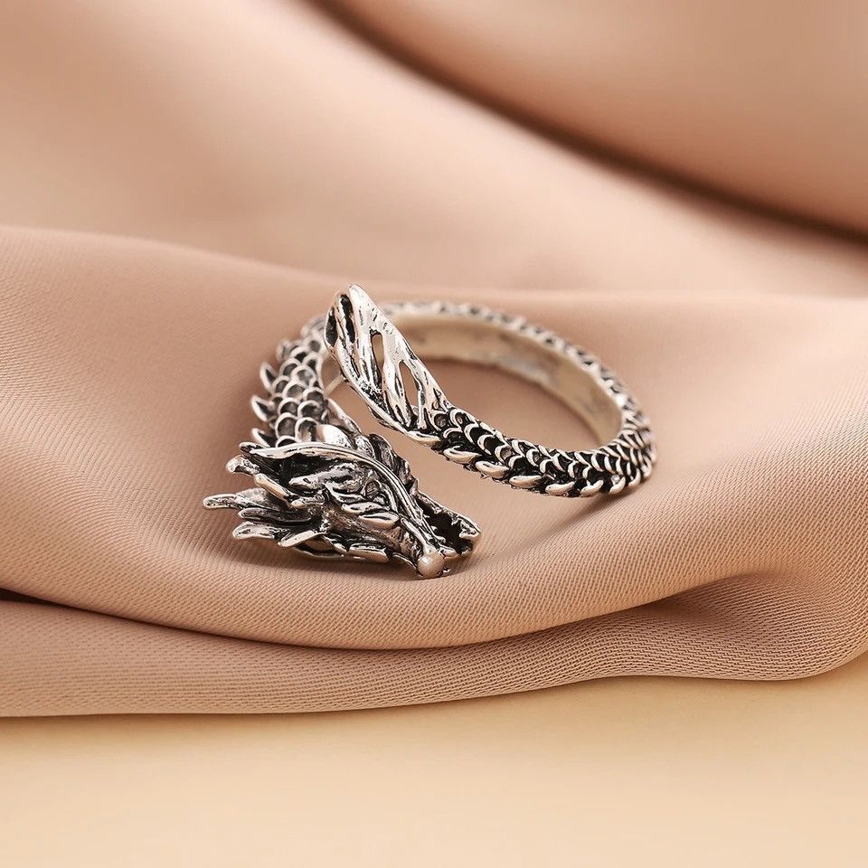 Jewelry × Vintage Domineering Dragon Silver Plate Zodiac Opening Rings Size ONE SIZE - 3 Thumbnail