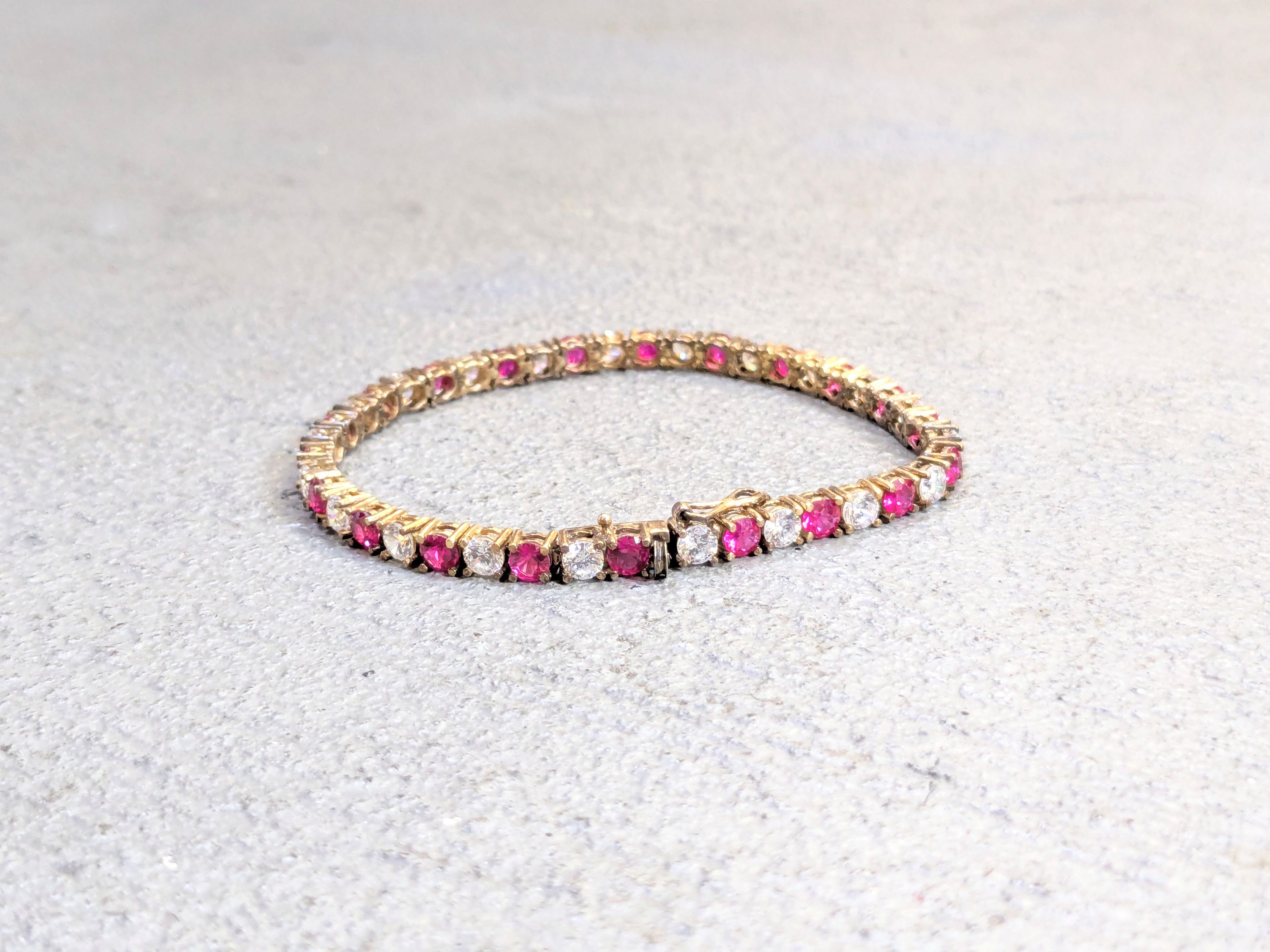 Jewelry Vintage Sterling Silver Bracelet 7.5" Red Ruby CZ Round Gold Size ONE SIZE - 1 Thumbnail