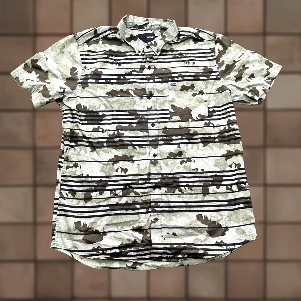 Hurley Hurley Shirt Men XL Green Multicolor Argo Camo Palm Striped Button-Up Short Sleeve Casual Cotton Beach Size US XL / EU 56 / 4 - 1 Thumbnail