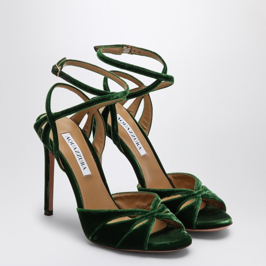 Aquazzura o1d2blof0824 Velvet Sandals in Dark Green Size US 9.5 / IT 39.5 - 2 Thumbnail