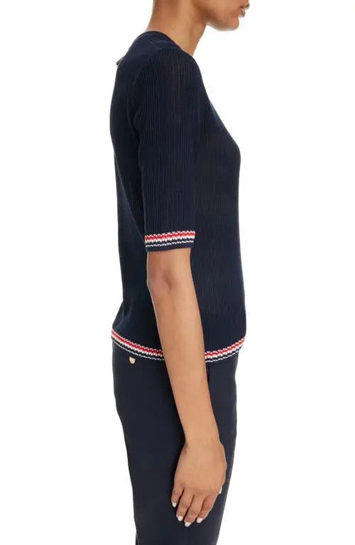 Thom Browne o1s22i1n0924 Pointelle-Knit T-Shirt in Navy Blue Size S / US 4 / IT 40 - 4 Thumbnail