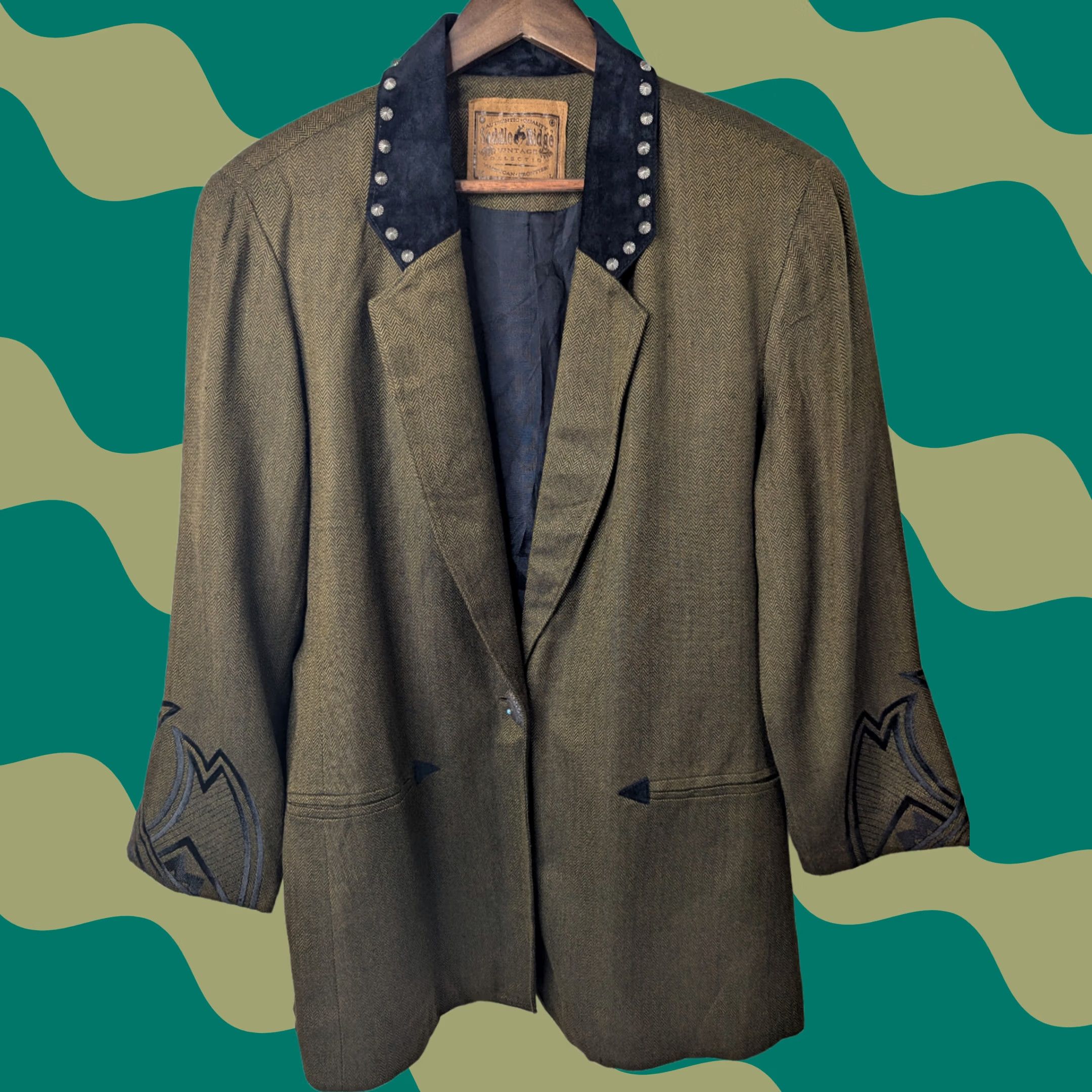 Vintage VINTAGE Saddle Ridge Western Blazer Jacket L Tan Black & Brown Collared Studded Embroidered Lightweight Blazer Womens Size L / US 10 / IT 46 - 1 Thumbnail