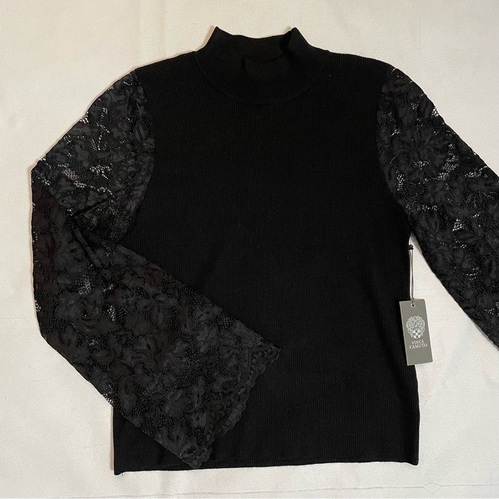 Vince Camuto NWT New $89 Vince Camuto Lace Long Sleeve Mock Neck Black S Size L / US 10 / IT 46 - 7 Thumbnail