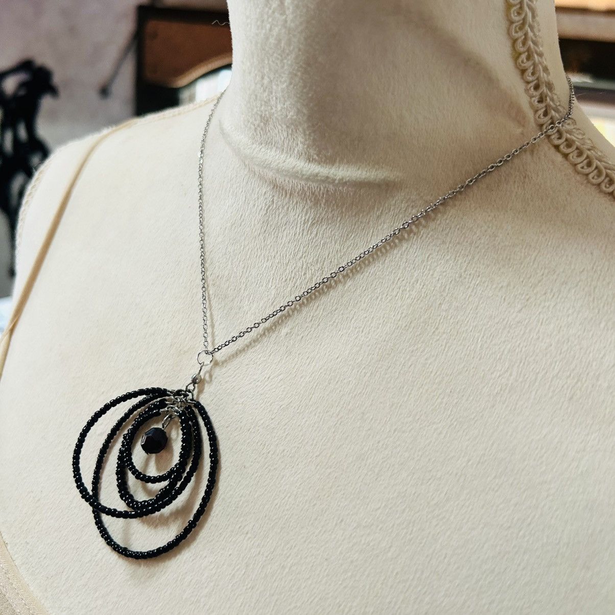 Handmade Handcrafted black seed bead ring pendant on chain necklace Size ONE SIZE - 3 Thumbnail