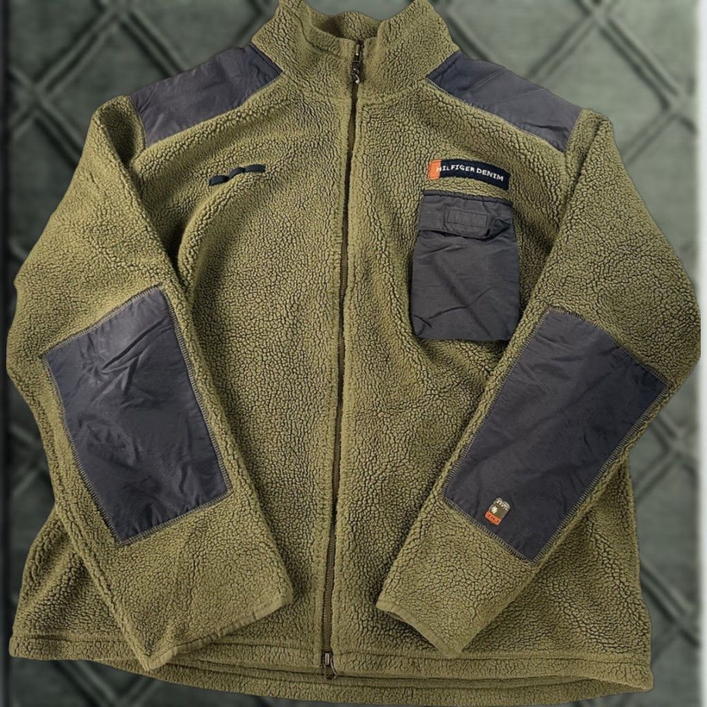 VINTAGE Tommy Hilfiger Jacket Mens XL VTG 90s Fleece Sherpa Olive Full Zip Green Logo 90s Tommy Jeans Jacket Mens XL Full Zip