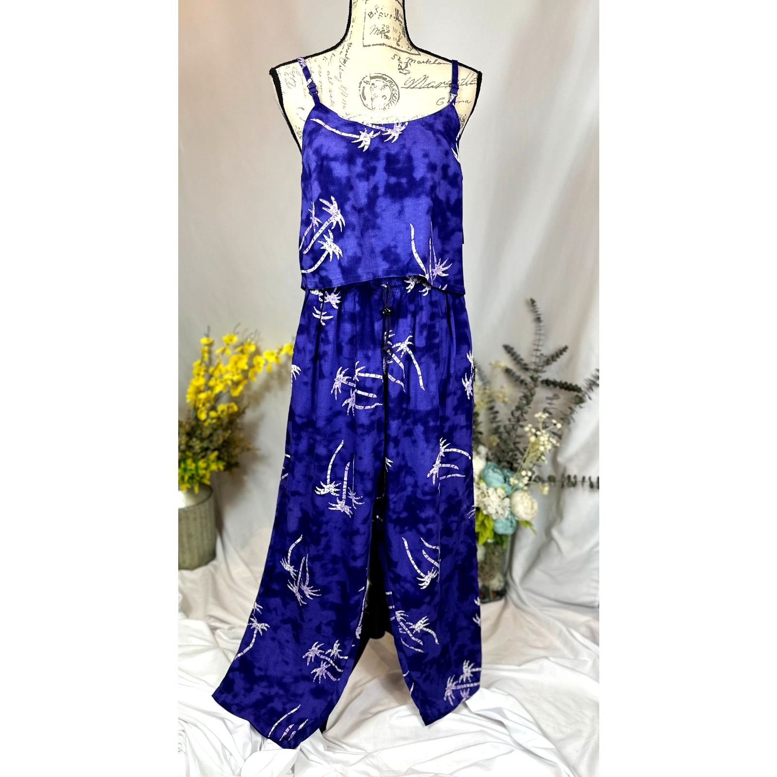Other 2 Piece Island Ready Crop Top Matching Pants Palm Trees L Size 34" / US 12 / IT 48 - 2 Thumbnail