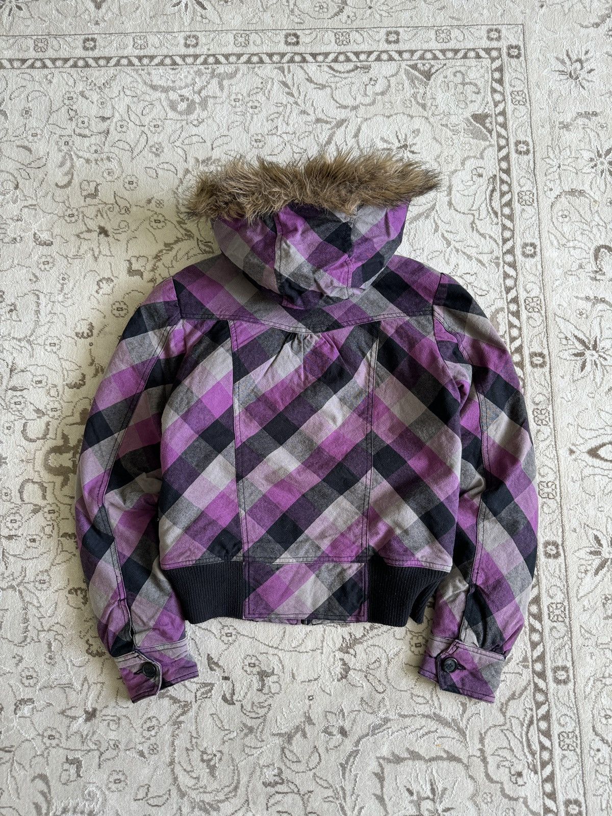 Hysteric Glamour Vintage Fur Hood Plaid Canvas Crop Jacket Punk Goth Emo Y2K Size S / US 4 / IT 40 - 3 Thumbnail