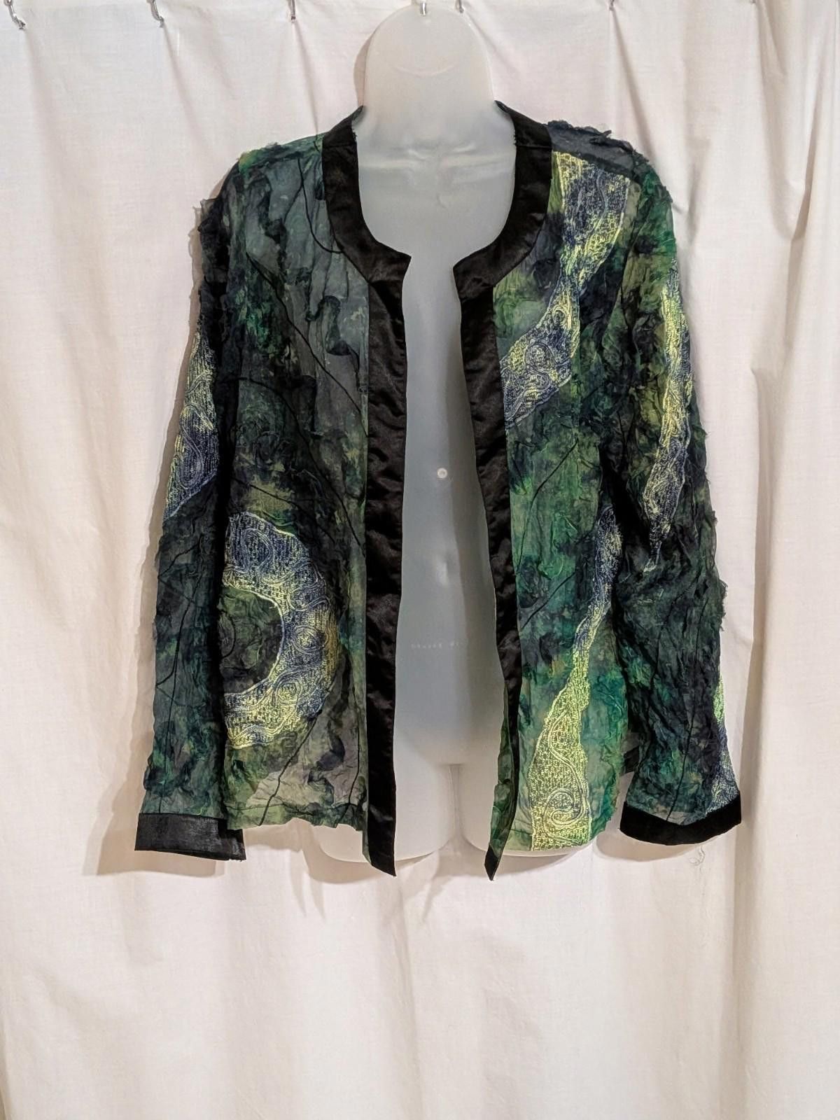 Designer Indigo Moon Silk Sheer Textured Embroidered Tie Dye Jacket Size L / US 10 / IT 46 - 2 Thumbnail