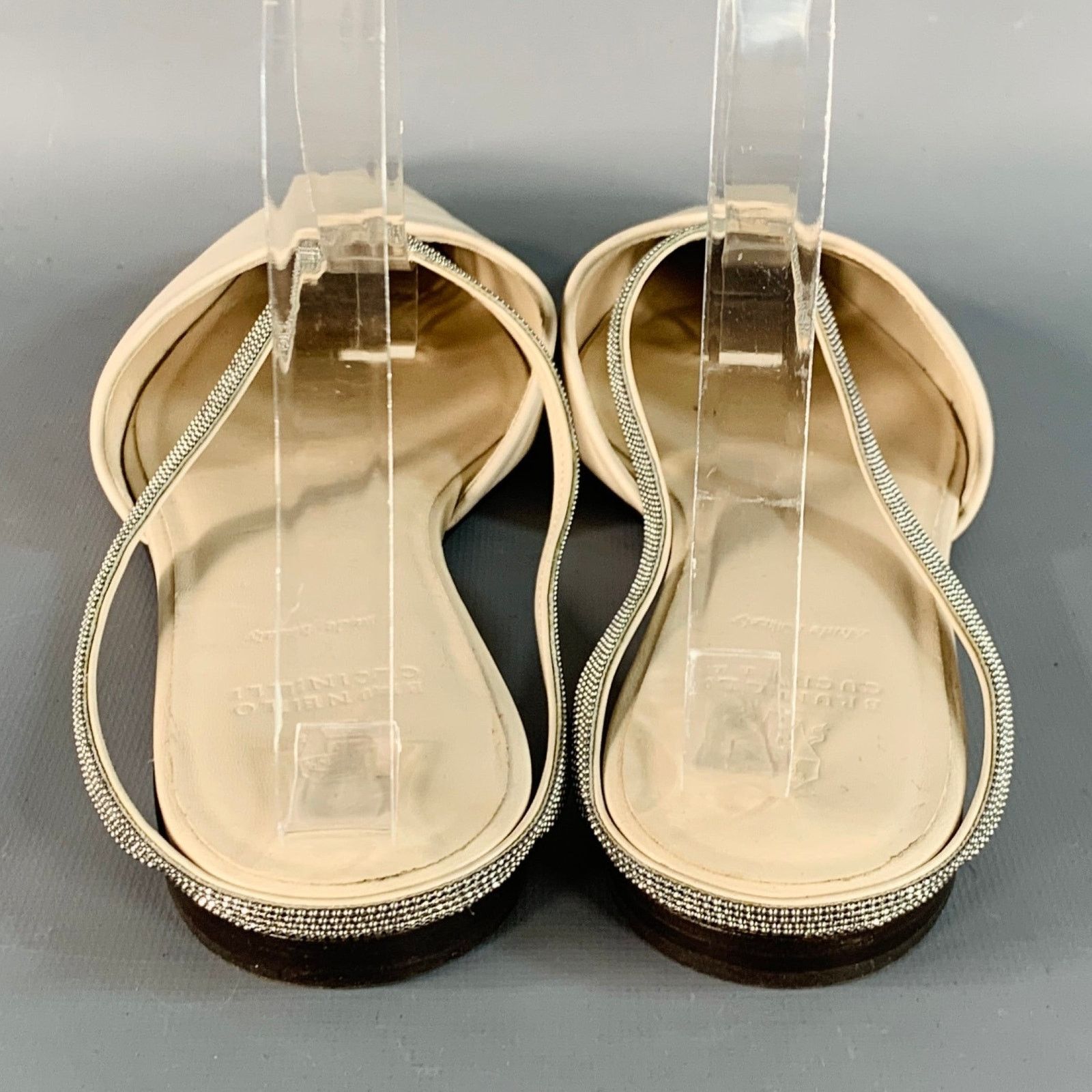 Brunello Cucinelli BRUNELLO CUCINELLI Beige Silver Leather Monili Slip On Flats Size US 10 / IT 40 - 3 Thumbnail