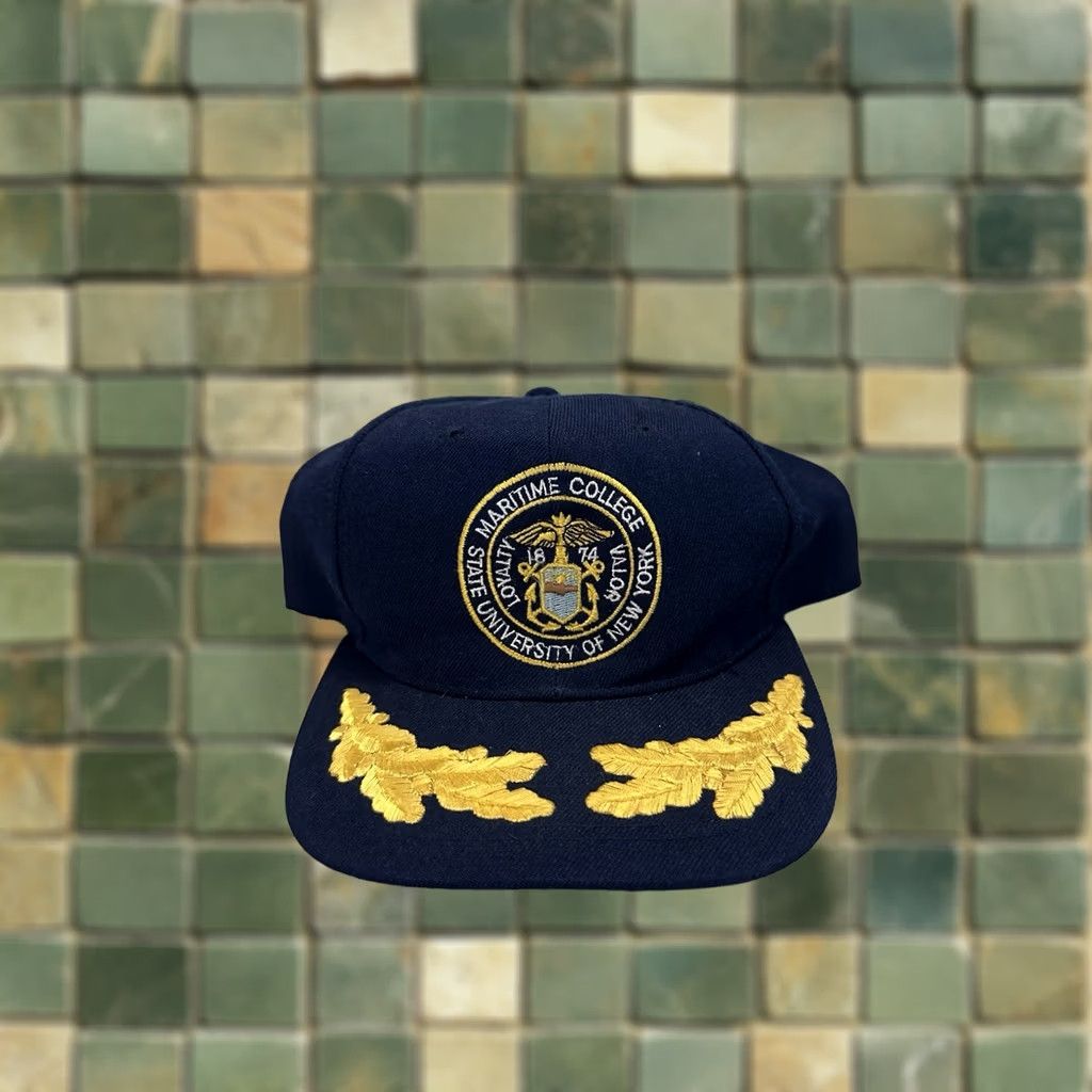 Vintage VINTAGE SUNY Maritime College Gold Leaf SnapBack Hat Navy Blue Navy Blue SnapBack Hat Mens Cap US College Retro 80s 90s Size ONE SIZE - 1 Thumbnail