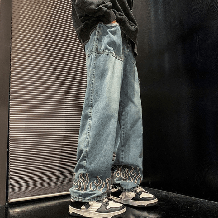 Streetwear Fire Straight Baggy Blue Denim Jeans | Grailed