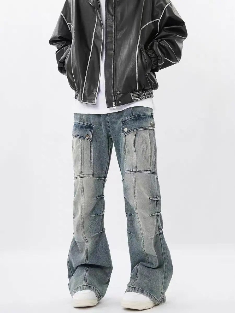 image of Retro Heavy Duty Washed Multi-Pocket Cargo Jeans in Light Blue, Men's (Size 32)