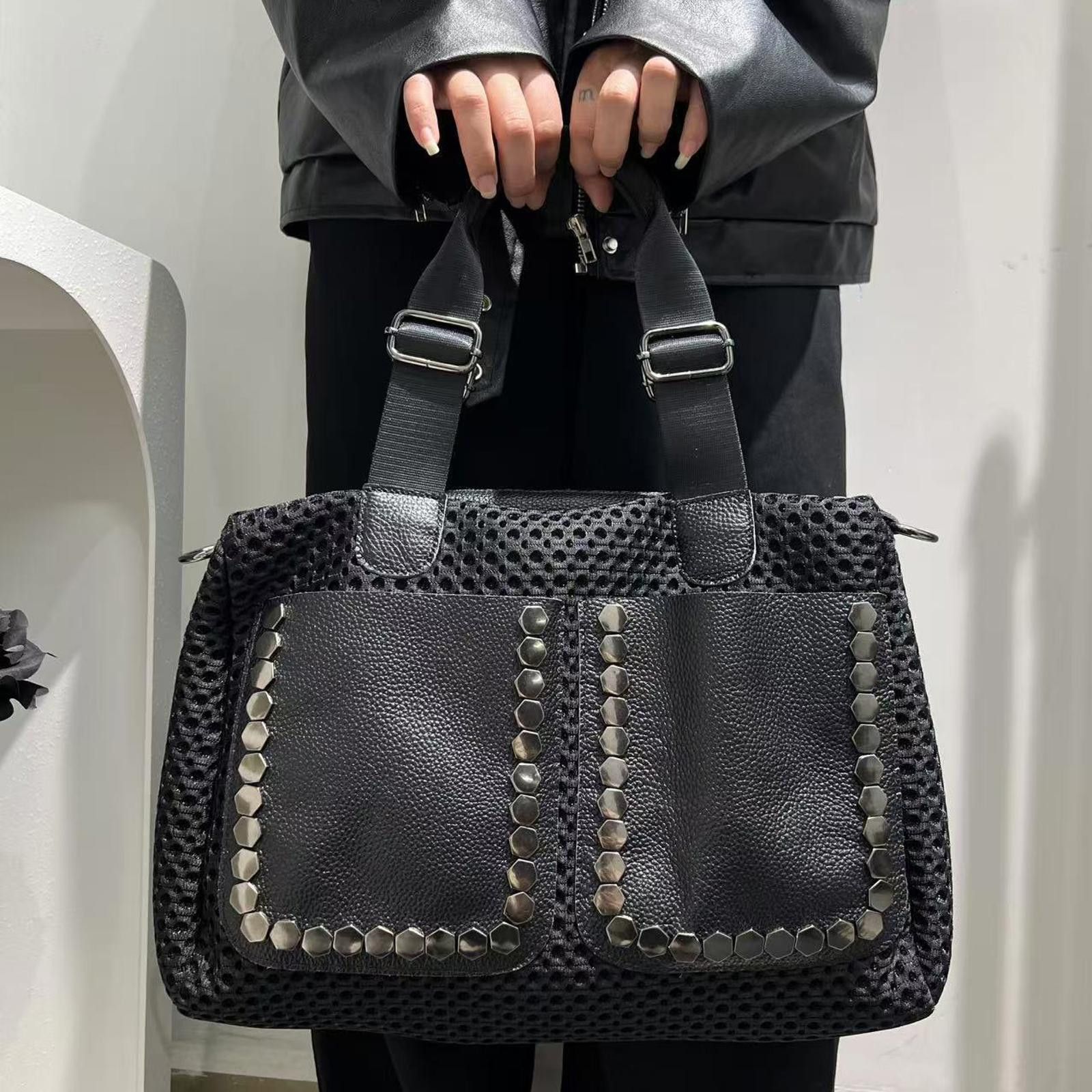 Vintage Black Studded Textured Handbag, Leather Accent Tote Size ONE SIZE - 3 Thumbnail