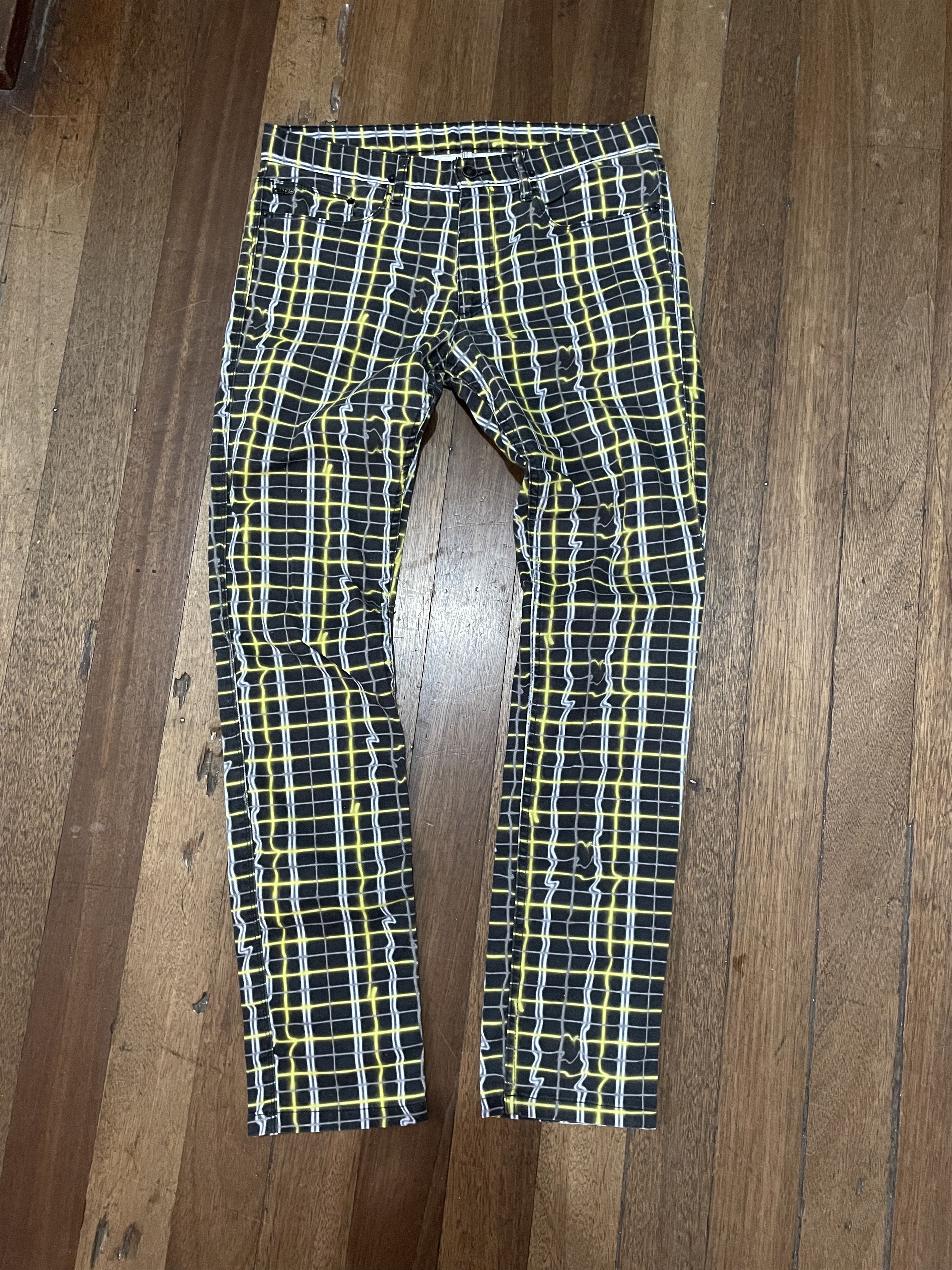image of Kenzo Paris - Checked Pants - F46 5Pa550 in Black Yellow White, Men's (Size 32)