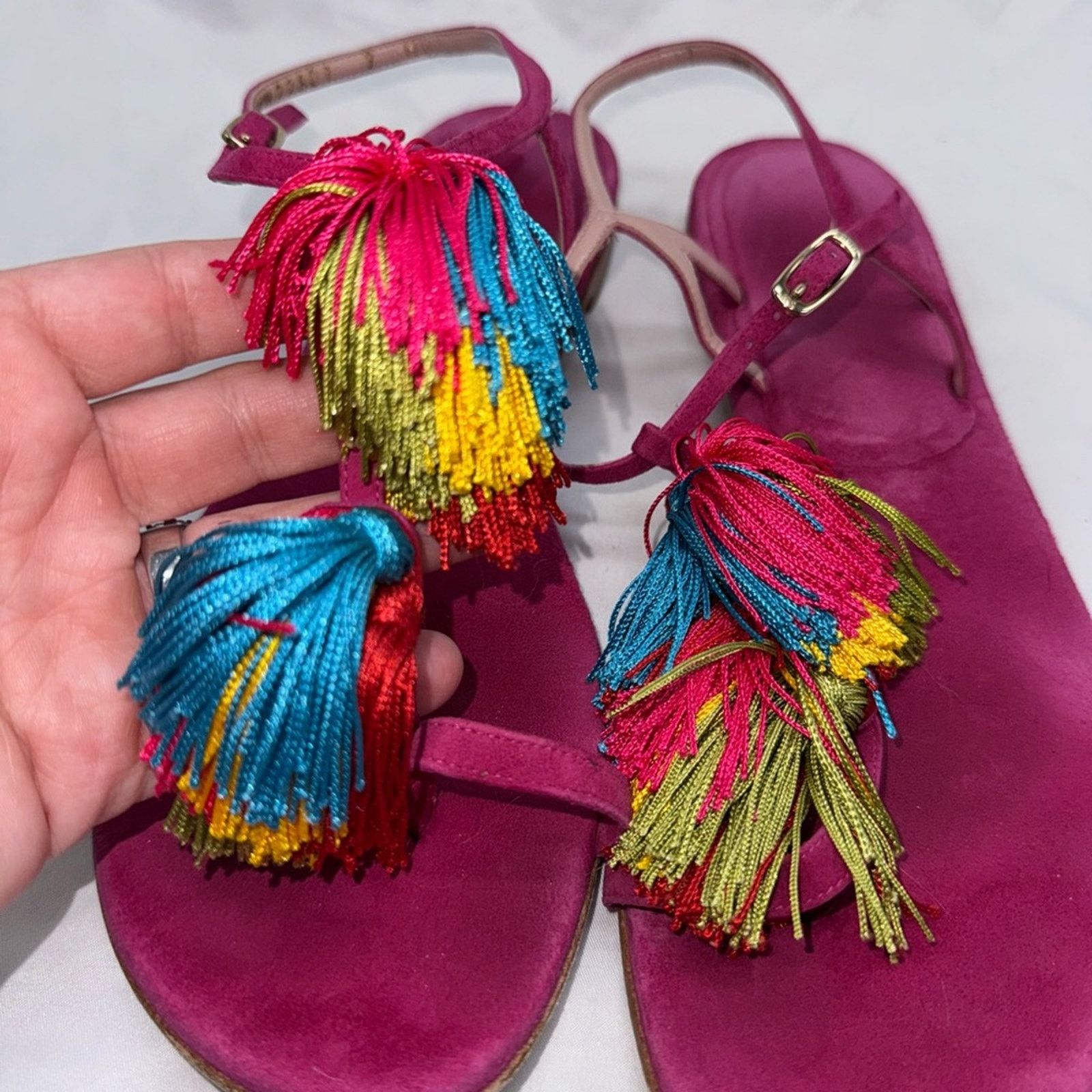 Stuart Weitzman Stuart Weitzman Fuchsia Sandals with Multicolor Tassels Size US 9 / IT 39 - 3 Thumbnail
