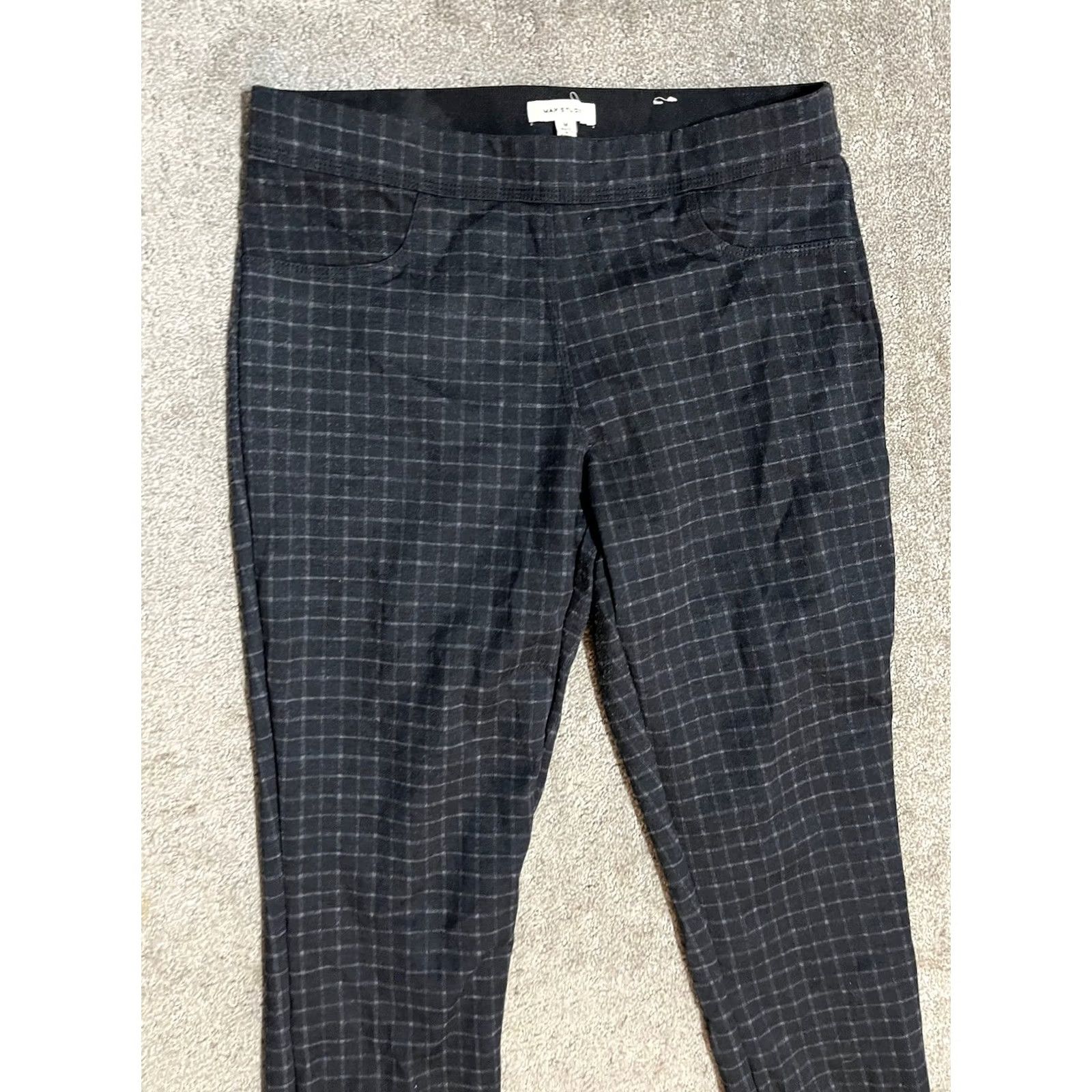 Vintage Max Studio Black Plaid Dress Pants Womens M Elastic Waist Pull On Office Size 32" / US 10 / IT 46 - 2 Thumbnail