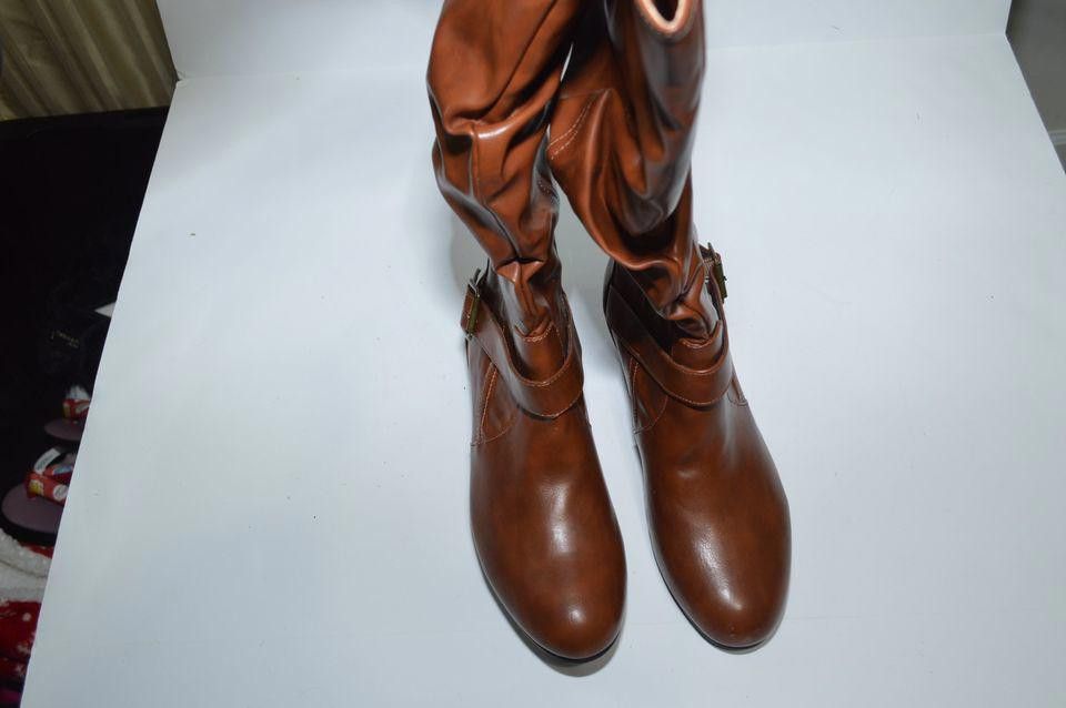 Designer Brown Faux Leather Mid-Calf Boots with Buckle Accents, 8 Size US 8 / IT 38 - 8 Thumbnail