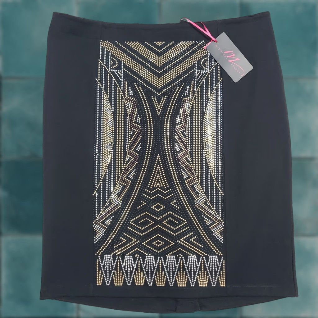 Velvet VINTAGE Midnight Velvet Skirt Women XL Black Embellished Back Zip Knee Length FLAW Size 40" / US 18 - 1 Thumbnail